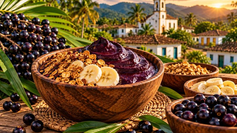 Ilustração de uma tigela de açaí com granola e banana, cercada por frutos de açaí e folhas de palmeira