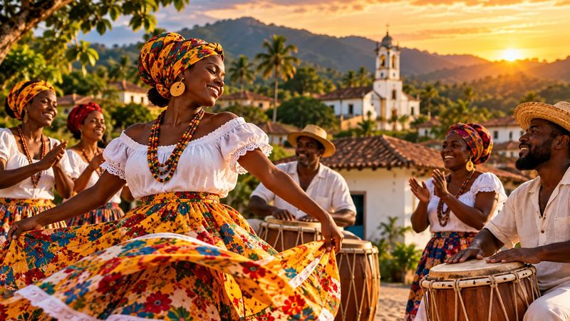 Ilustração de mulheres negras dançando com saias floridas ao som de tambores tocados por homens, ao pôr do sol