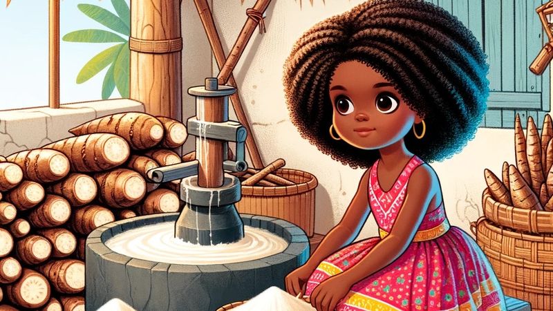 Ilustração de uma menina negra quilombola na casa de farinha, com mandioca, peneira e cestos de farinha
