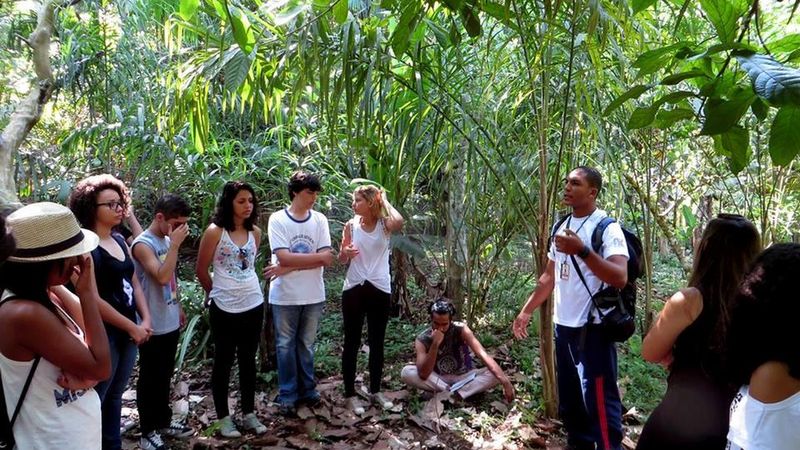 Grupo de visitantes e moradores ouvindo um monitor quilombola em uma trilha na mata do Quilombo da Fazenda