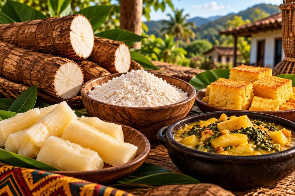 Ilustração de raízes de mandioca inteiras e descascadas ao lado de tigelas com farinha, bolo e um ensopado