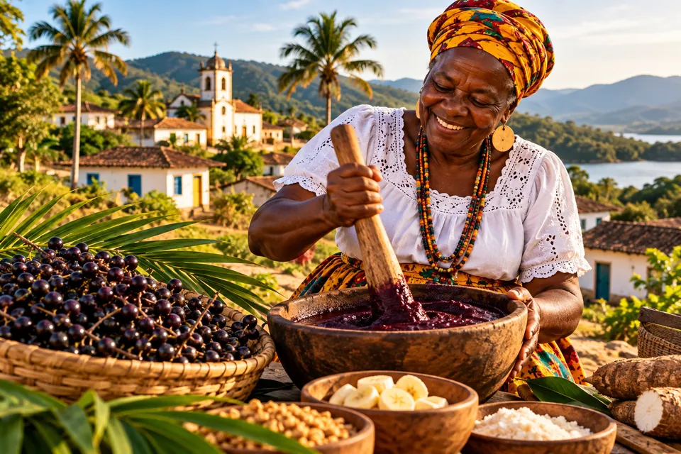Ilustração de uma mulher negra sorridente amassando frutos roxos em um pilão de madeira, com cestos de frutos, mandioca e farinha ao redor