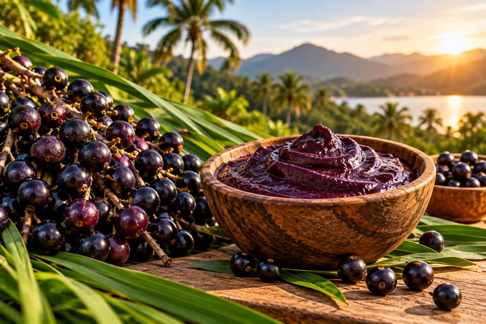 Ilustração de uma tigela de madeira com polpa roxa de juçara ao lado de cachos de frutos escuros da palmeira